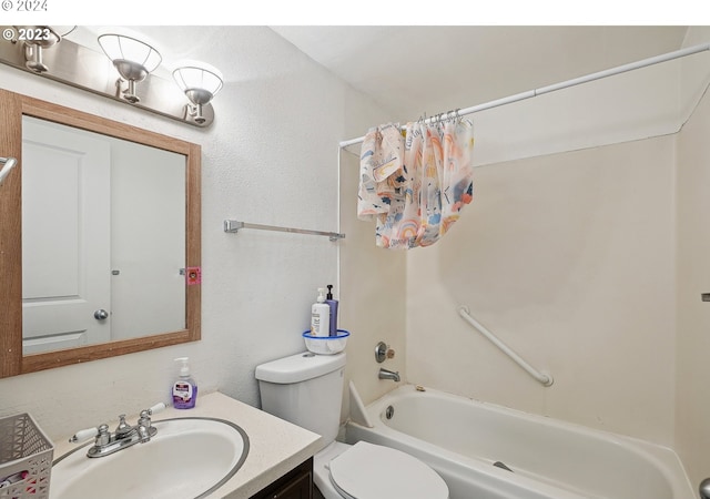 full bathroom with vanity, toilet, and shower / bathtub combination with curtain