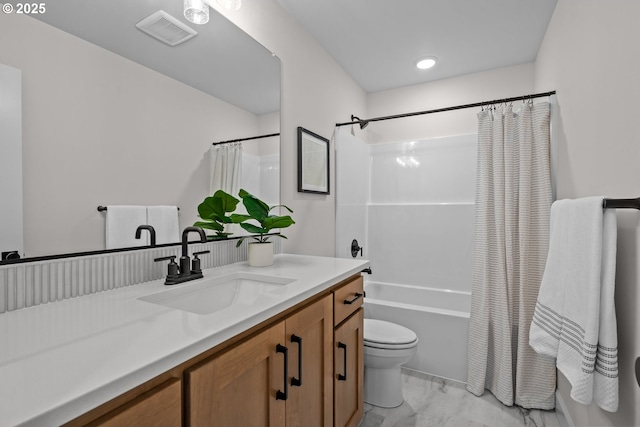 12785 SW Trask St, Beaverton, OR 97007 - bathroom featuring toilet, vanity, shower / bath combination with curtain, marble finish flooring, and recessed lighting