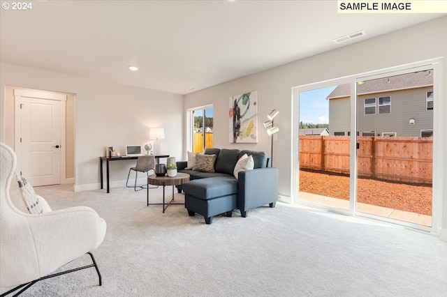 living room featuring a wealth of natural light and light carpet