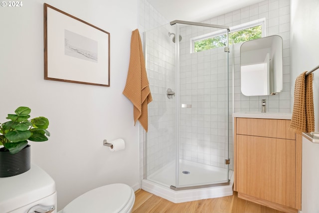 bathroom with toilet, walk in shower, vanity, and wood-type flooring