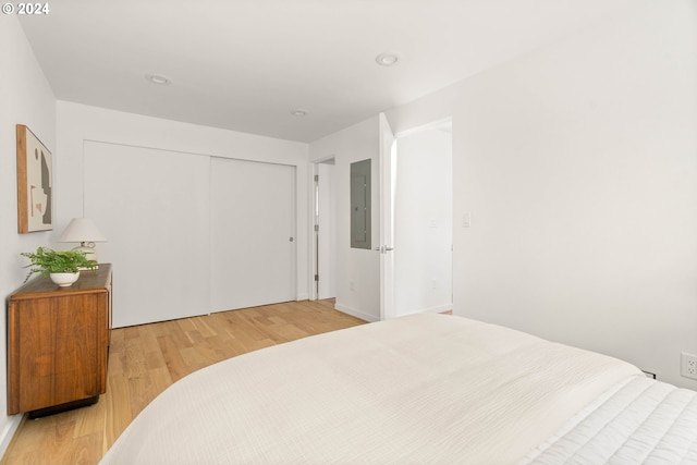 bedroom featuring light hardwood / wood-style floors, a closet, and electric panel