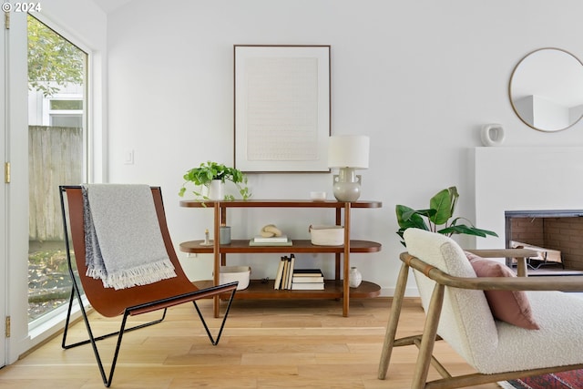 sitting room with light hardwood / wood-style floors, a fireplace, and a healthy amount of sunlight