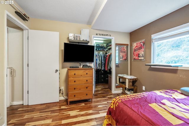 bedroom with a walk in closet, hardwood / wood-style flooring, and a closet