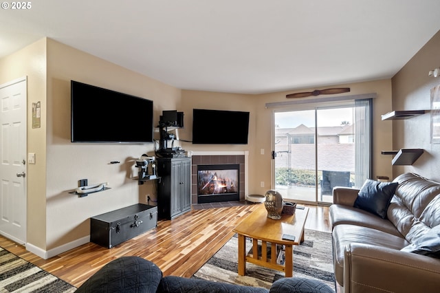 living room featuring a fireplace and light hardwood / wood-style flooring