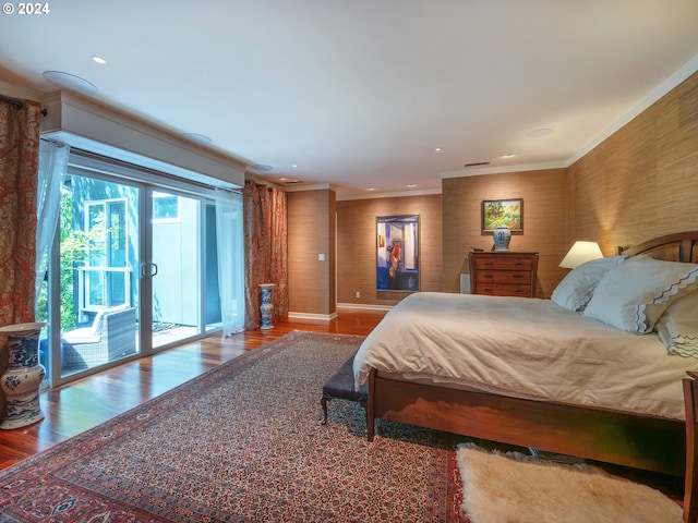 bedroom featuring access to outside, recessed lighting, wood finished floors, and crown molding