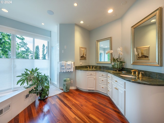 bathroom with recessed lighting, a sink, and wood finished floors