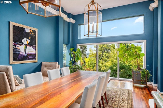 dining space featuring a notable chandelier, baseboards, wood finished floors, and a healthy amount of sunlight