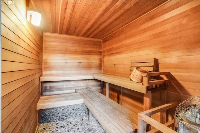 view of sauna / steam room featuring wood walls and wooden ceiling