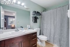 bathroom with vanity, curtained shower, and toilet