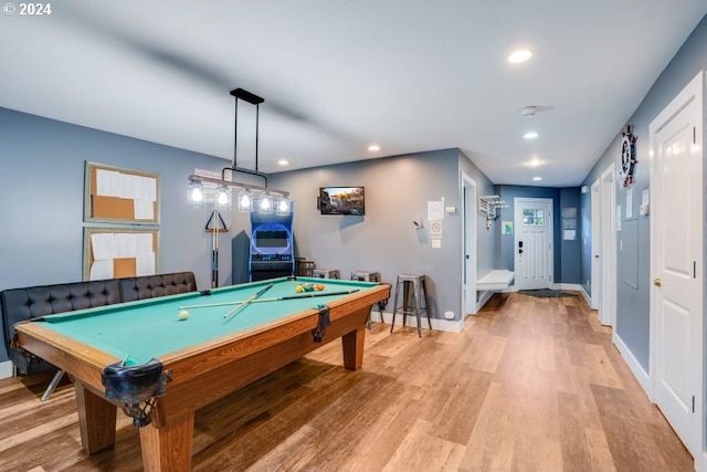 game room featuring pool table and light wood-type flooring