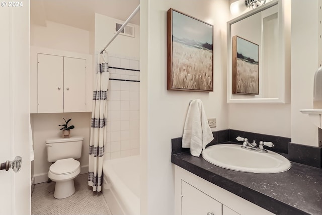 full bathroom with toilet, shower / bath combination with curtain, tile patterned floors, and vanity