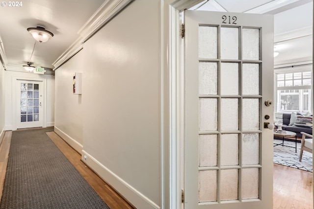 corridor featuring crown molding and wood-type flooring