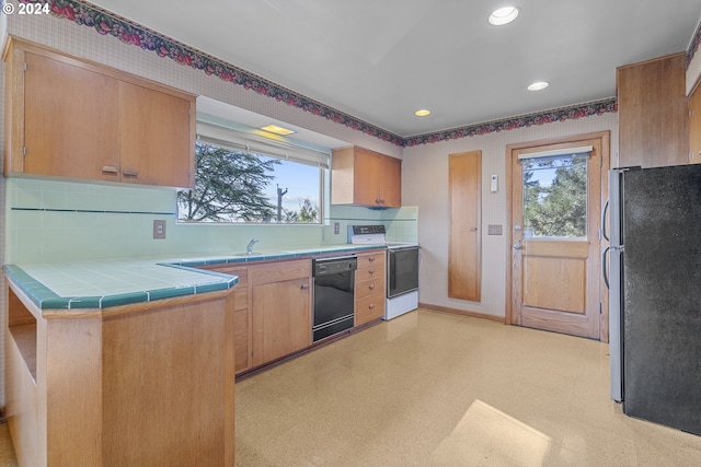 kitchen with a wealth of natural light, stainless steel fridge, white electric stove, and black dishwasher