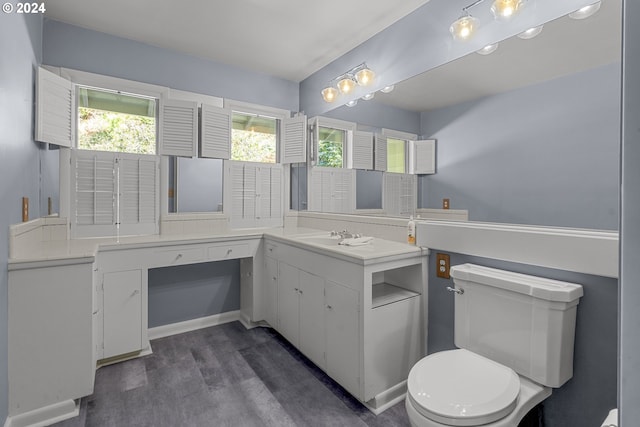 bathroom featuring vanity, wood-type flooring, and toilet