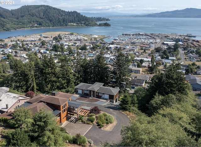 birds eye view of property featuring a water and mountain view