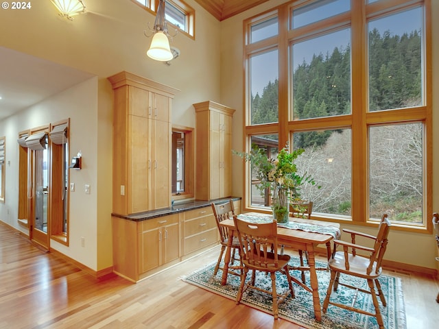 dining room featuring a towering ceiling and light hardwood / wood-style floors