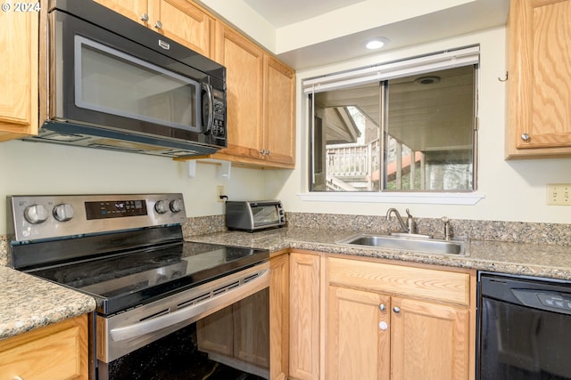 kitchen with light brown cabinetry, white fridge, stainless steel range with electric stovetop, dark wood-type flooring, and light stone counters