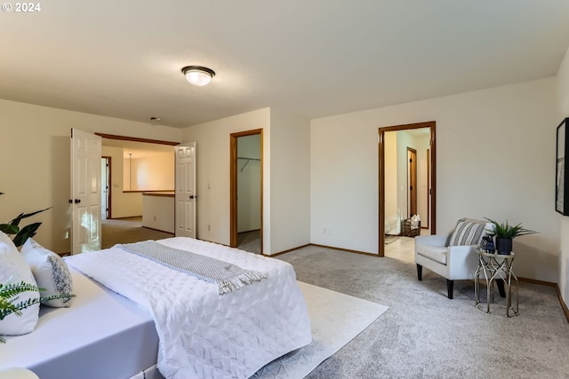 carpeted bedroom with a walk in closet and a closet