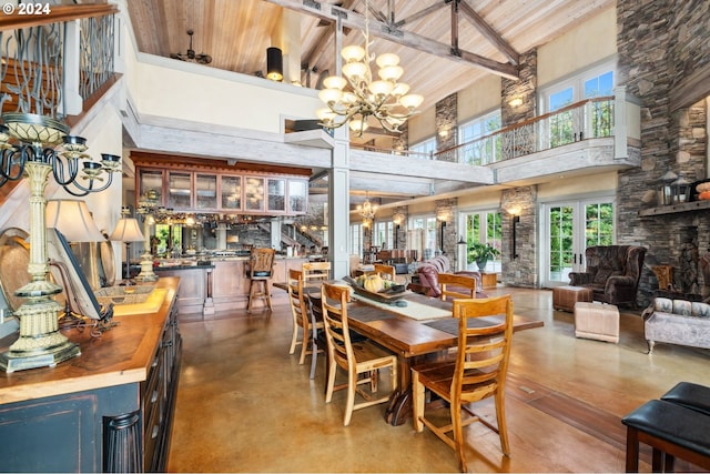 dining area featuring high vaulted ceiling, a wealth of natural light, beamed ceiling, and wood ceiling