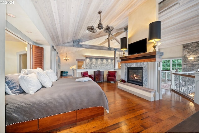 bedroom featuring wooden ceiling, hardwood / wood-style floors, and high vaulted ceiling