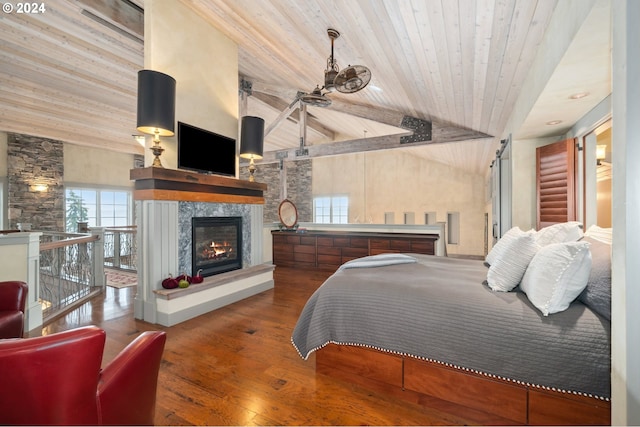 bedroom with wooden ceiling, a fireplace, high vaulted ceiling, and hardwood / wood-style flooring