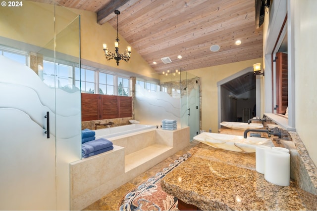 bathroom featuring wood ceiling, high vaulted ceiling, beamed ceiling, an inviting chandelier, and separate shower and tub