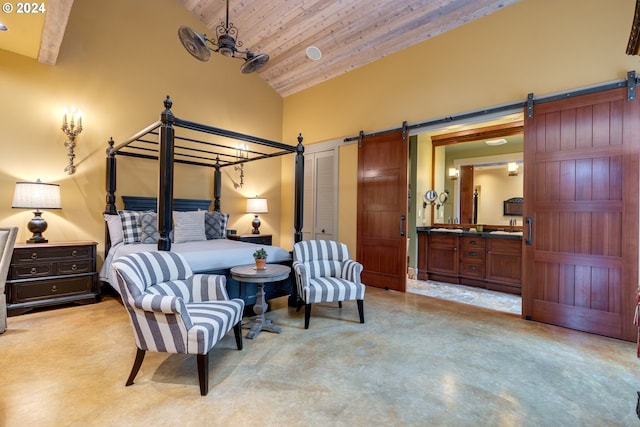 bedroom with a barn door, high vaulted ceiling, and wooden ceiling