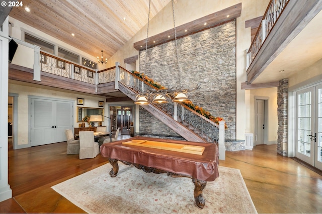 game room featuring wood ceiling, wood-type flooring, high vaulted ceiling, billiards, and french doors