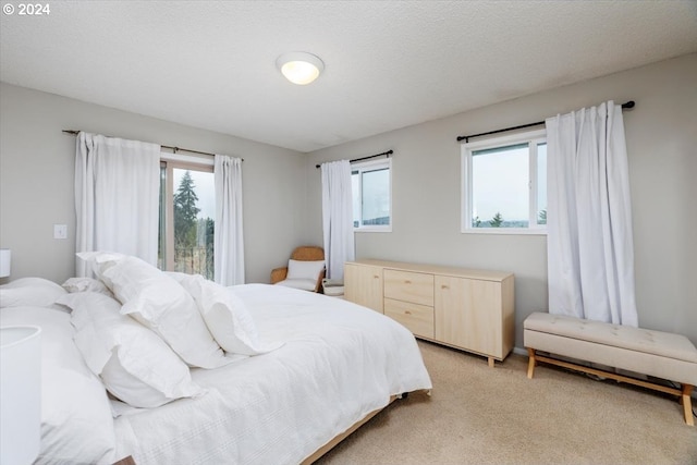 bedroom with a textured ceiling, multiple windows, and light colored carpet