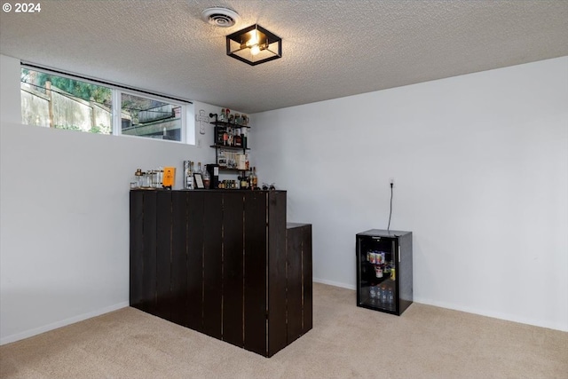 bar featuring a textured ceiling and light carpet