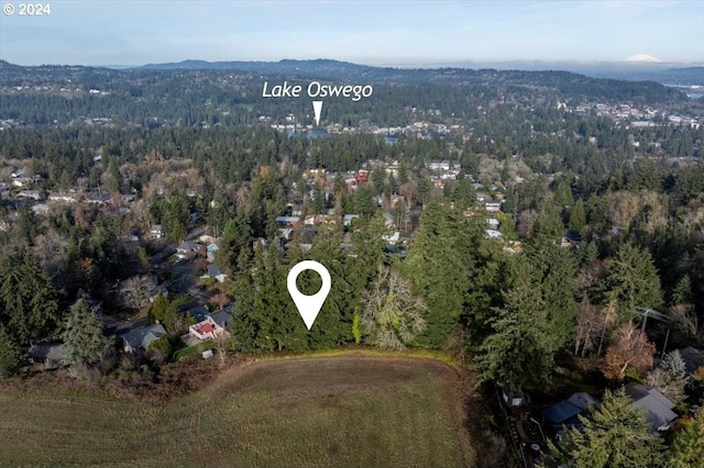 bird's eye view featuring a wooded view