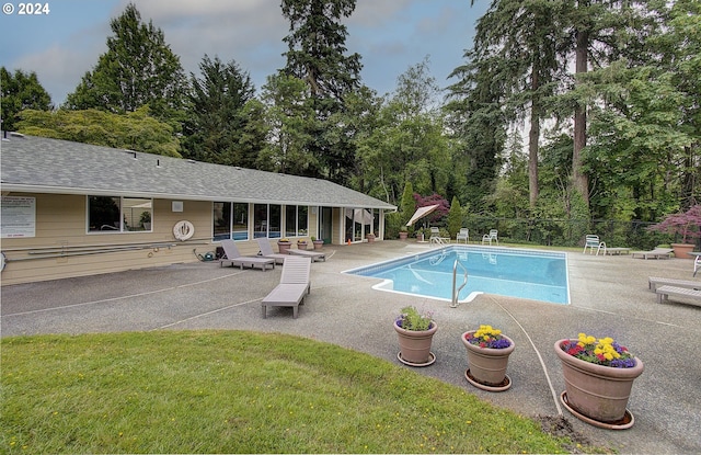 view of pool featuring a patio area and a yard