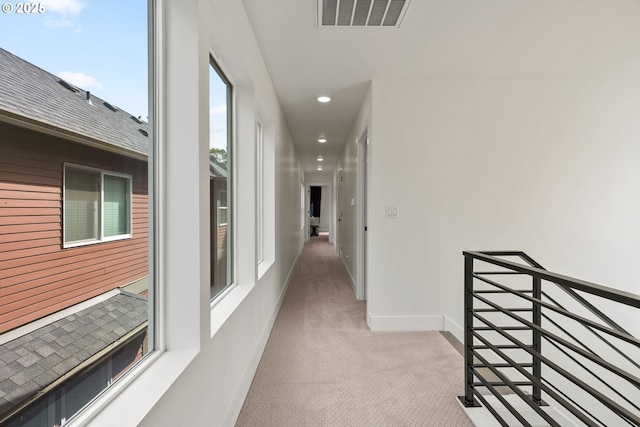6332 NE 30th Ave, Portland, OR 97211 - corridor with an upstairs landing, carpet, recessed lighting, and baseboards