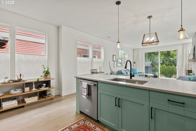 6332 NE 30th Ave, Portland, OR 97211 - kitchen featuring green cabinetry, stainless steel dishwasher, a sink, light wood-type flooring, and light countertops