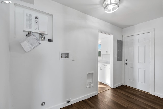2746 Colorado St, Longview, WA 98632 - laundry area featuring washer hookup, electric panel, dark wood-type flooring, and baseboards