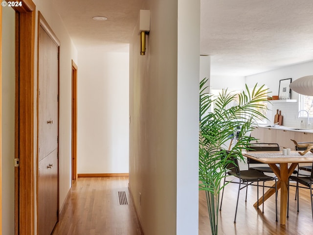 hall featuring light wood-type flooring, a textured ceiling, and sink