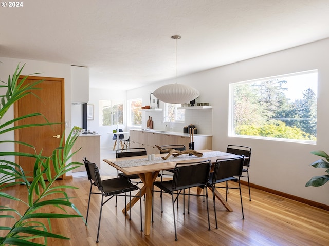 dining space with light hardwood / wood-style floors and sink