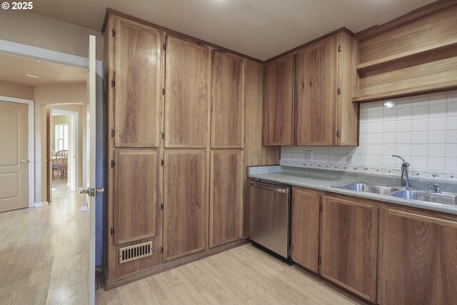 kitchen featuring dishwasher, sink, backsplash, and light hardwood / wood-style flooring