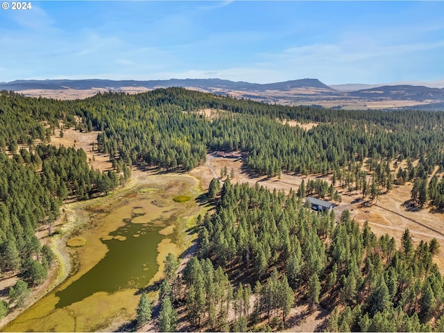 birds eye view of property with a water and mountain view