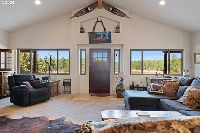 carpeted living room featuring high vaulted ceiling