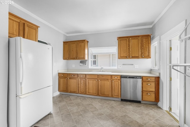 kitchen featuring crown molding, dishwasher, sink, and white fridge