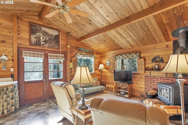 living room featuring a wood stove, wood walls, lofted ceiling with beams, and wooden ceiling