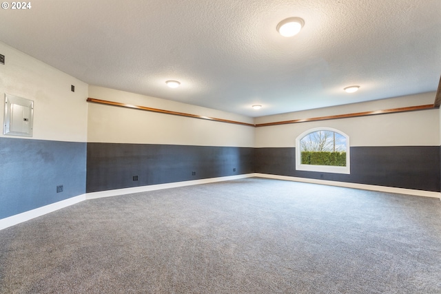 empty room featuring a textured ceiling, electric panel, and carpet floors