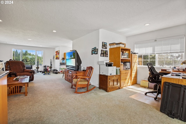 home office featuring light carpet and a textured ceiling