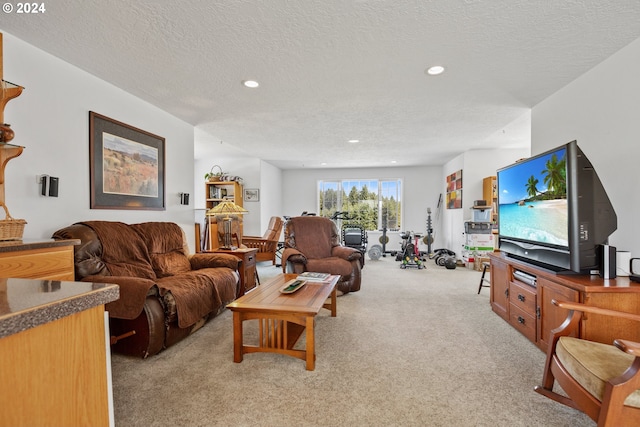 carpeted living room featuring a textured ceiling