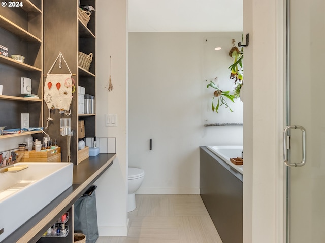 full bathroom with independent shower and bath, vanity, and toilet