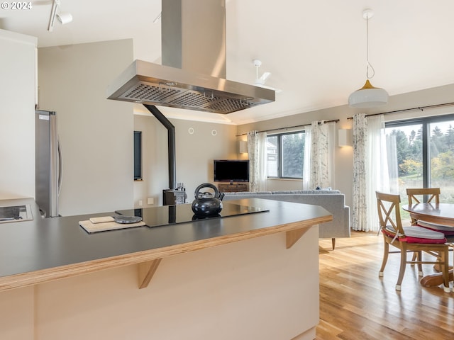 kitchen featuring wall chimney range hood, stainless steel fridge, a healthy amount of sunlight, and light wood-type flooring