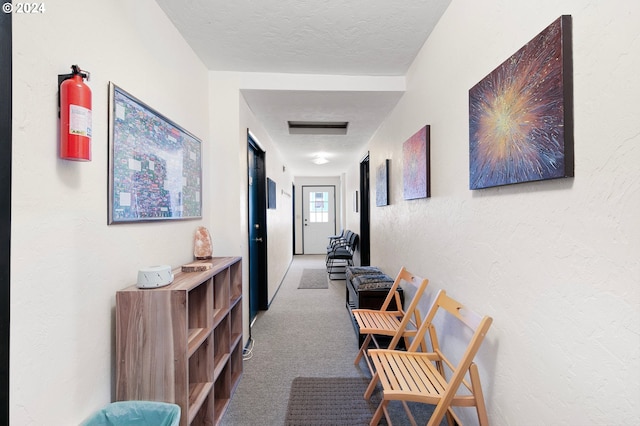 hallway featuring a textured ceiling and carpet floors