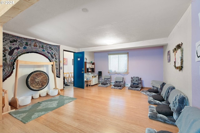 living room with a textured ceiling and hardwood / wood-style floors