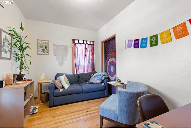 living room featuring a textured ceiling and light hardwood / wood-style floors